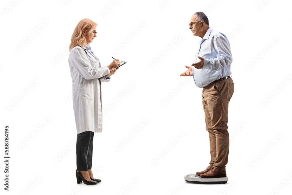 Full length profile shot of a confused mature man on a weight scale and a female doctor writing a document Full length profile shot of a confused mature man on a weight scale and a female doctor writing a document