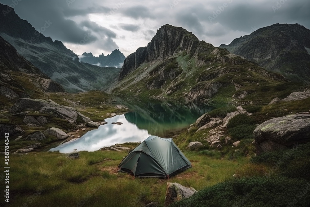 A tent in a beautiful mountain landscape, representing the joy and adventure of camping in the great outdoors. Ai generated