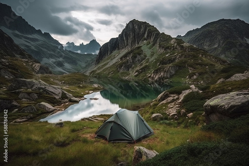 A tent in a beautiful mountain landscape, representing the joy and adventure of camping in the great outdoors. Ai generated