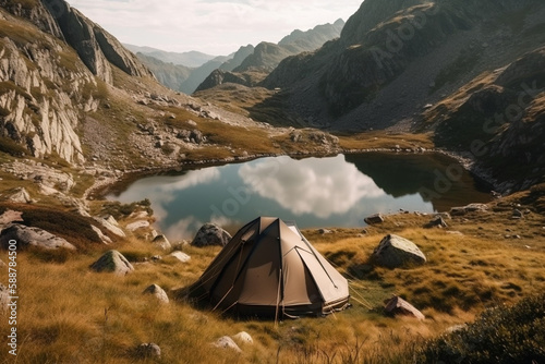 A tent in a beautiful mountain landscape, representing the joy and adventure of camping in the great outdoors. Ai generated