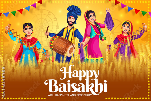 Happy Baisakhi. Baisakhi festival background banner template and typography. Group of people doing the Bhangra dance. Punjabi dancing characters on the occasion of festivals like Lohri and Baisakhi.