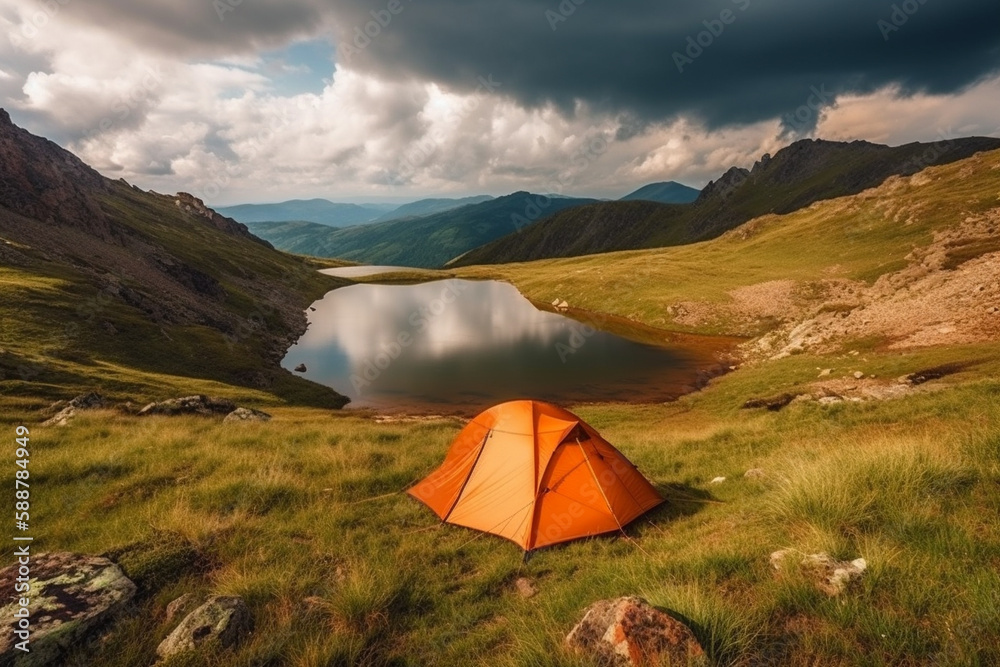 Orange tent next to a serene lake in a beautiful mountain landscape, representing the peace and tranquility of camping in nature.Ai generated Orange tent next to a serene lake in a beautiful mountain landscape, representing the peace and tranquility of camping in nature.Ai generated