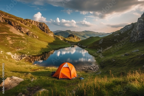 Orange tent next to a serene lake in a beautiful mountain landscape, representing the peace and tranquility of camping in nature.Ai generated © twindesigner