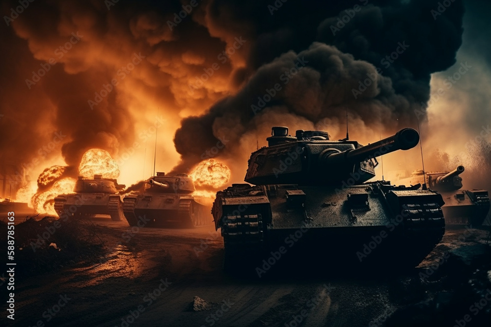Tanks in a fierce battle with fire and smoke, representing the devastation and destruction of war. Ai generated Tanks in a fierce battle with fire and smoke, representing the devastation and destruction of war. Ai generated