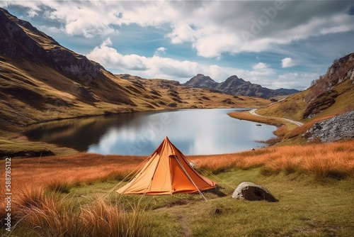 Orange tent next to a serene lake in a beautiful mountain landscape, representing the peace and tranquility of camping in nature.Ai generated