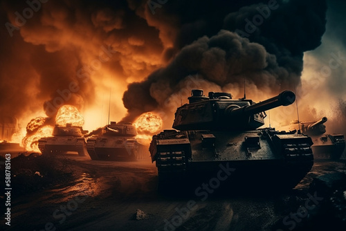 Tanks in a fierce battle with fire and smoke, representing the devastation and destruction of war. Ai generated © twindesigner