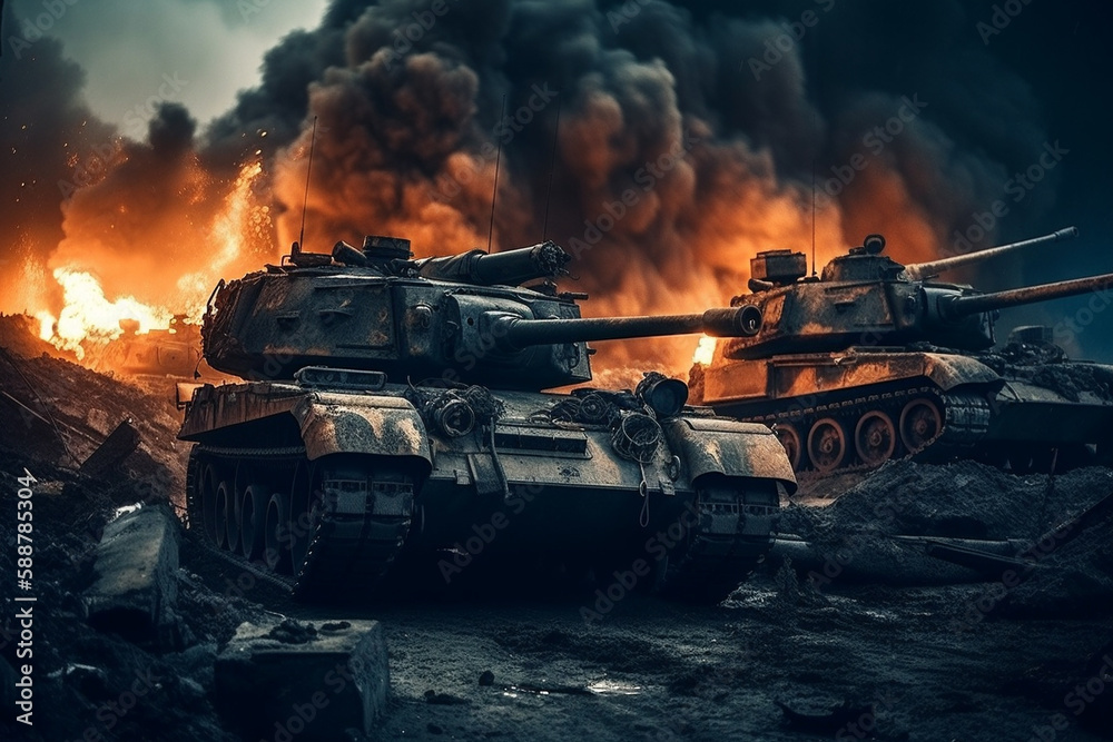 Tanks in a fierce battle with fire and smoke, representing the devastation and destruction of war. Ai generated Tanks in a fierce battle with fire and smoke, representing the devastation and destruction of war. Ai generated