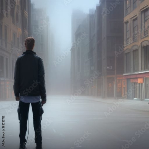 Guy standing alone on the empty city street, generative ai