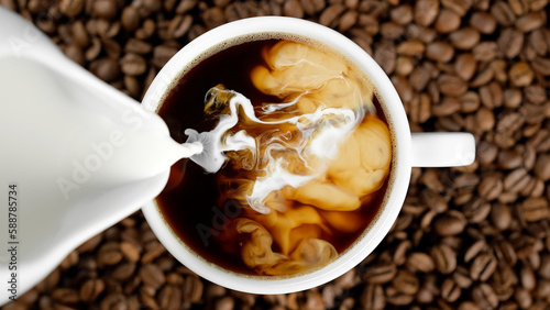 Pouring milk in coffee cup, top view