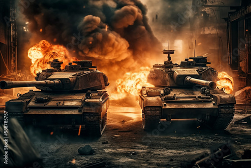 Tanks in a fierce battle with fire and smoke  representing the devastation and destruction of war. Ai generated