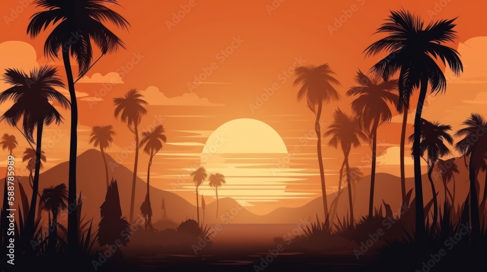 Sunset with palm trees, nature, beach, illustration, vector