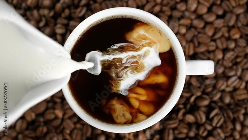 Pouring milk in coffee cup, top view