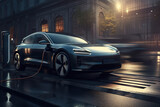 Luxury electric car charging.  Composite with different elements made with generative AI