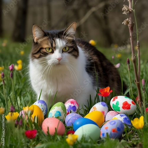 Cat celebrating a Happy Easter on a spring day with green grass, Happy Easter, Feline Style, Green Grass, Blue Sky, and a Happy Cat, A Tail of Easter Delight, Created using generative IA © Florian