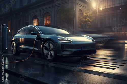 Luxury electric car charging. Composite with different elements made with generative AI