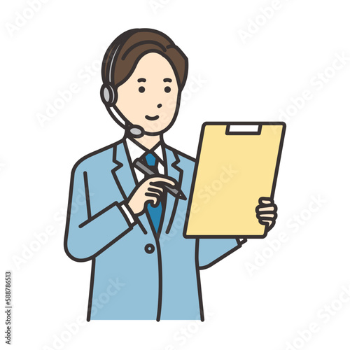 書類に記入するオペレーターの男性のイラスト