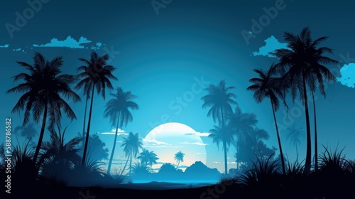 Sunset with palm trees, nature, beach, illustration, vector