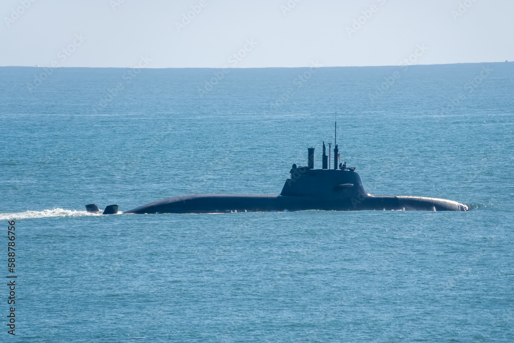 Fototapeta premium Royal Navy Submarine within the breakwater area of Plymouth Sound Devon England