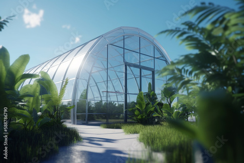 Oasis of the Future: A Glowing Greenhouse Under a Blue Sky © artefacti