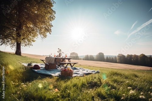 Lovely picnic setup in a spring nature landscape. Picnic in Nature on a sunny day. Ai generated