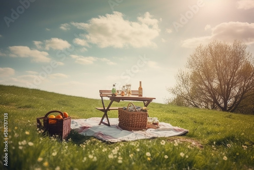 Lovely picnic setup in a spring nature landscape. Picnic in Nature on a sunny day. Ai generated
