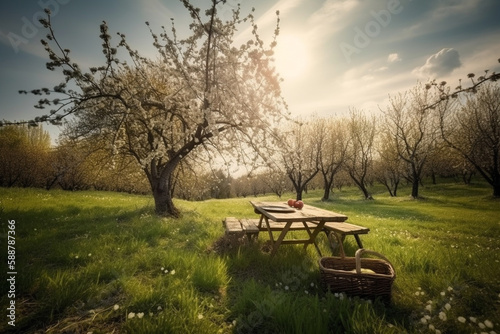 Lovely picnic setup in a spring nature landscape. Picnic in Nature on a sunny day. Ai generated