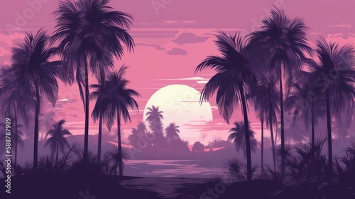 Sunset with palm trees, nature, beach, illustration, vector