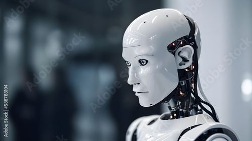 3d rendered illustration of a white robot, cyborg with steely  eyes looking to the left  on a dark background © Mark