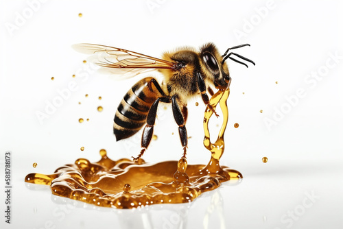 Bee on a white background with drips of honey, emphasizing the importance of bees in pollination and honey production. Ai generated