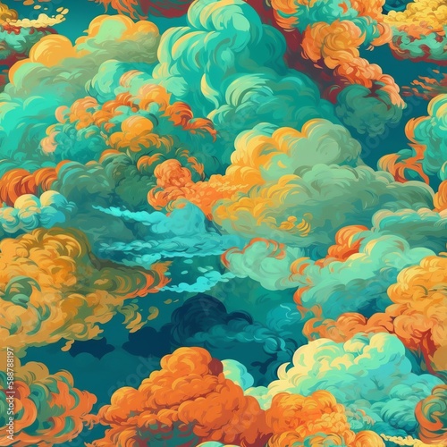 Seamless pattern of magnificent and realistic calming clouds, in beautiful colors that are welcoming, sunny, and bright. AI generation