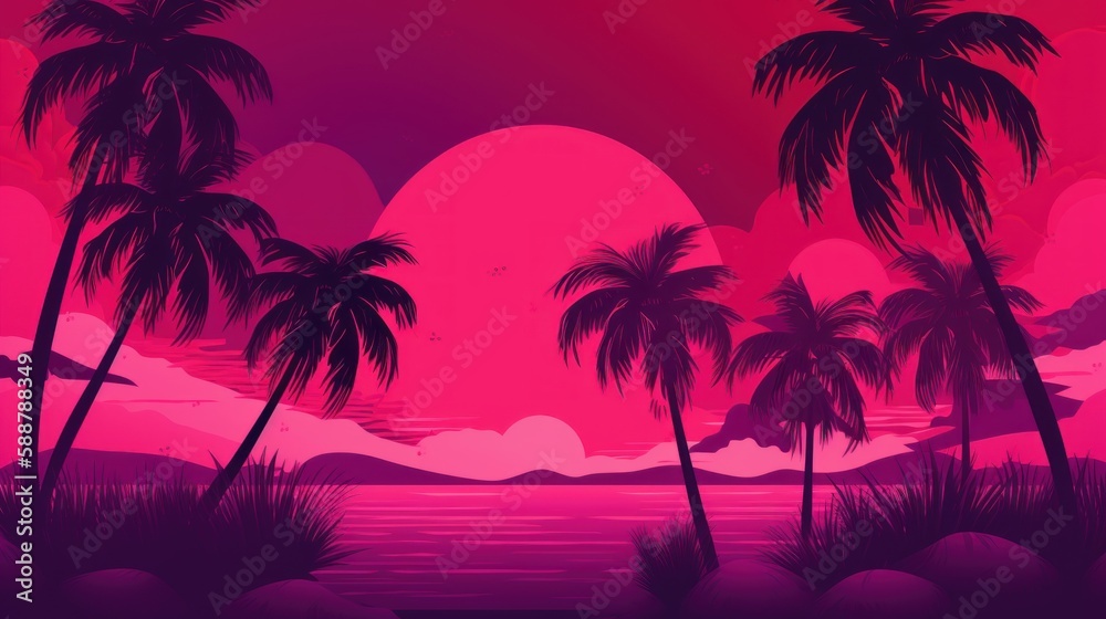 Sunset with palm trees, nature, beach, illustration, vector