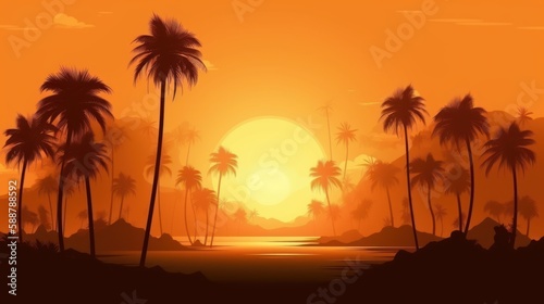 Sunset with palm trees  nature  beach  illustration  vector