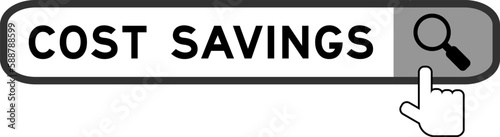 Search banner in word cost savings with hand over magnifier icon on white background