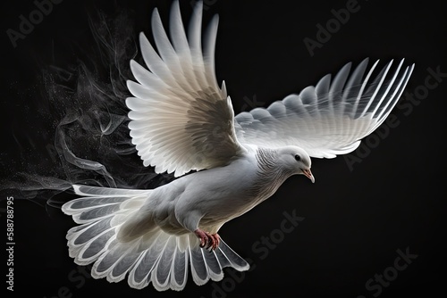 flying white dove on a black background. ai generative