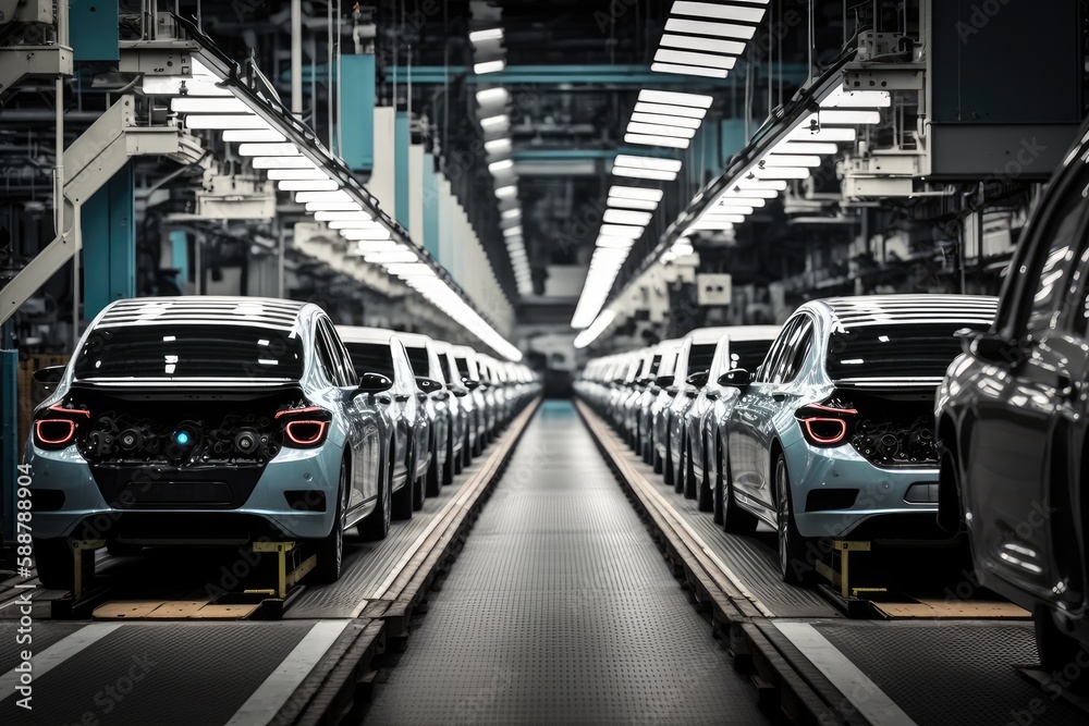 Mass production assembly line of modern cars. ai generative