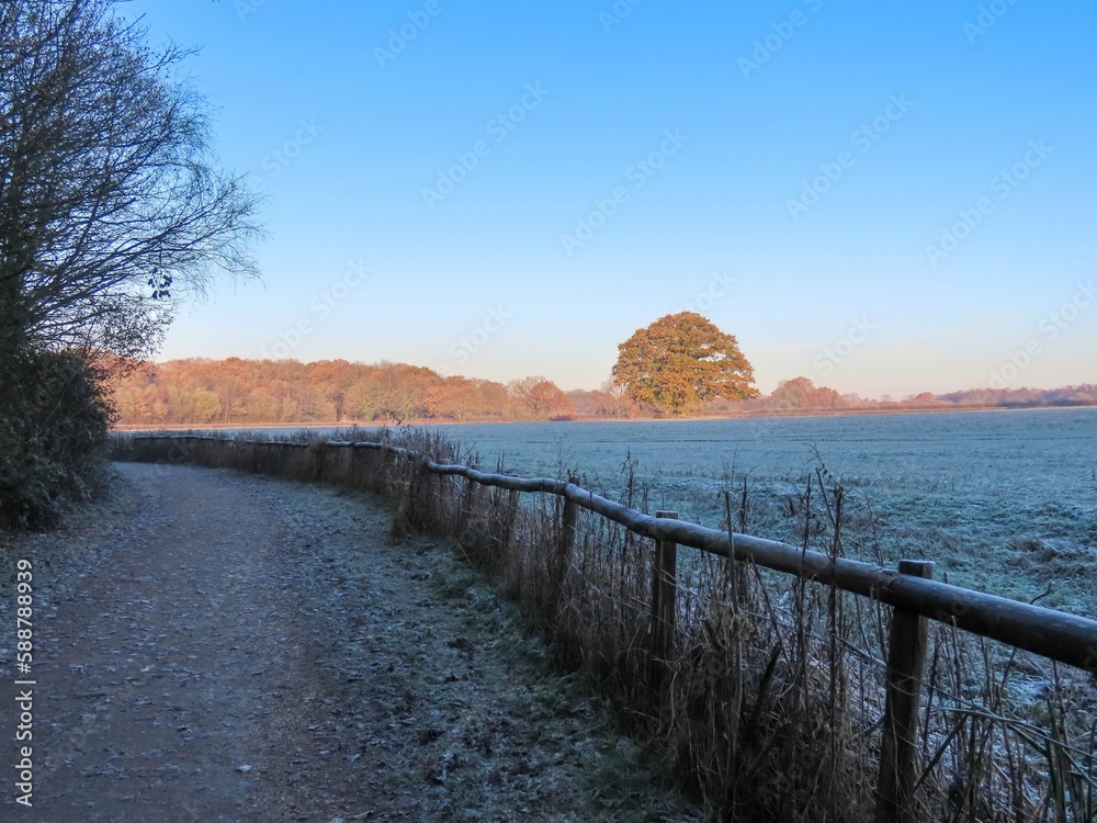 footpath through the countryside on a frosty bright winter day in The River Hamble country Park Hampshire England