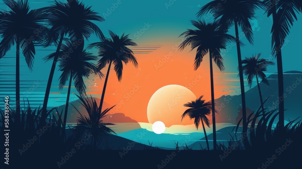 Sunset with palm trees, nature, beach, illustration, vector 