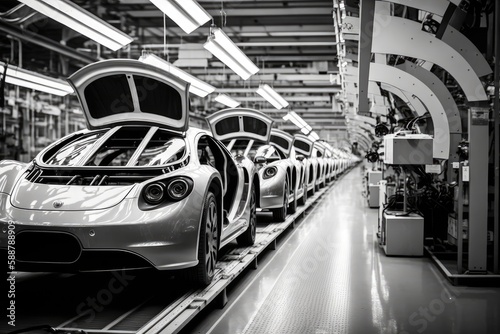 Mass production assembly line of modern cars. ai generative © Anna