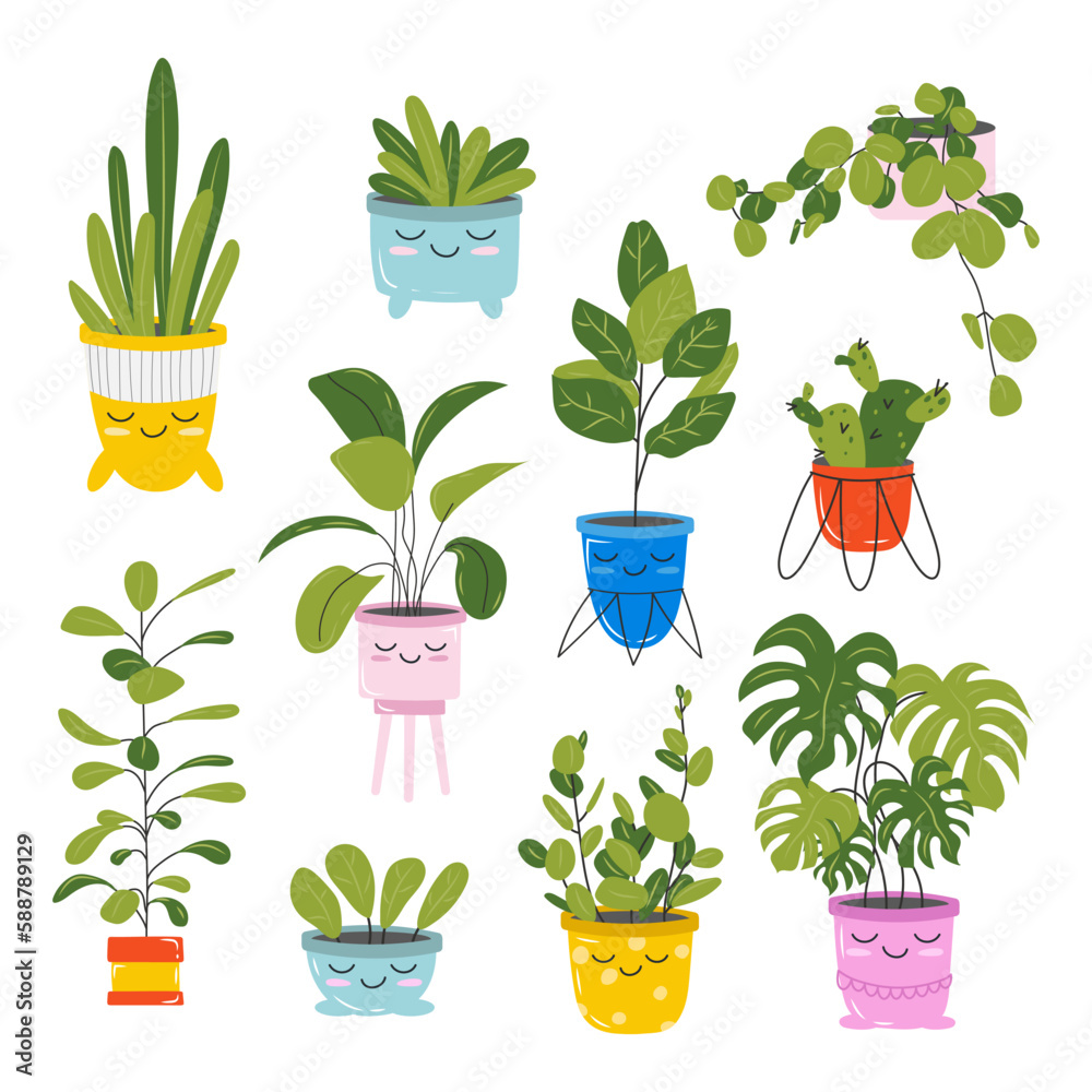 Set of cute kawaii houseplants in flower pots. Multicolored bright flowers and beautiful leaves. Exotic plants, decorative flowers. Vector stock illustration. Childrens illustration of stickers. Set of cute kawaii houseplants in flower pots. Multicolored bright flowers and beautiful leaves. Exotic plants, decorative flowers. Vector stock illustration. Childrens illustration of stickers.