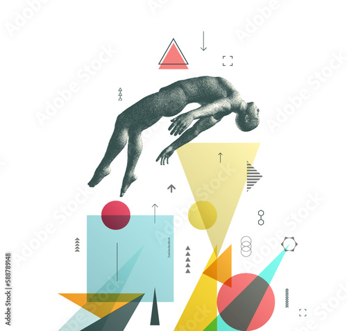 Art composition. Astral travel out of body or reincarnation spiritual concept. Flying man in zero gravity or a fall. Hovering in the air. Levitation act. Transparency geometrical background.