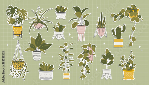 Set of different stickers of indoor plants in flower pots. Exotic plants, monstera and other home decorative flowers. Vector stock illustration. Hand-drawn style. Stickers for diary and notebook. 