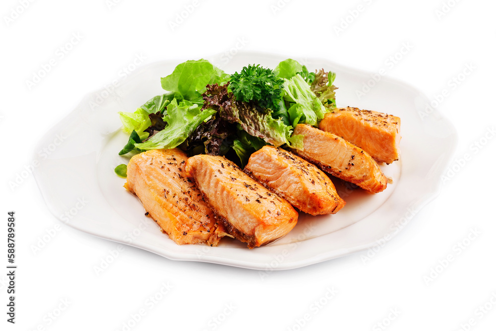 Delicious grilled roasted salmon fillets or steaks