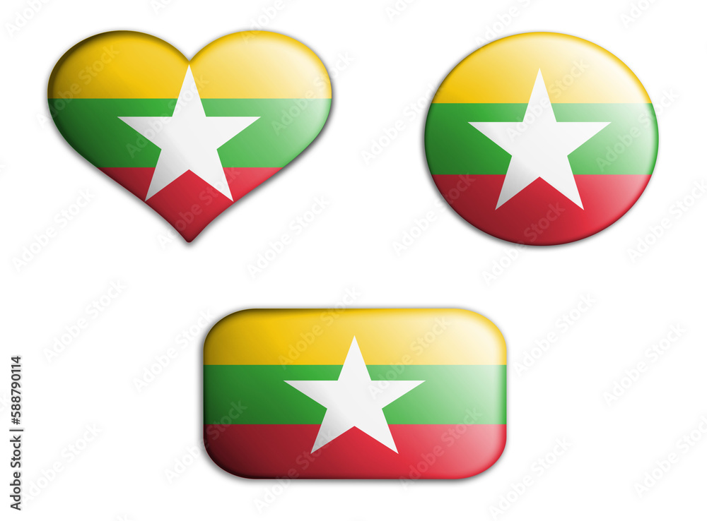 colorful national art flag of myanmar figures bottoms on a white background . concept collage. 3d illustration colorful national art flag of myanmar figures bottoms on a white background . concept collage. 3d illustration