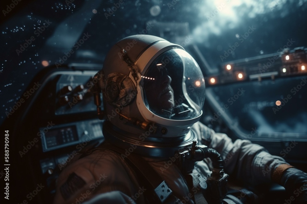 An astronaut inside a cockpit, looking out at the stars, bokeh , Non-existent person in generative AI digital illustration,Generative AI An astronaut inside a cockpit, looking out at the stars, bokeh , Non-existent person in generative AI digital illustration,Generative AI