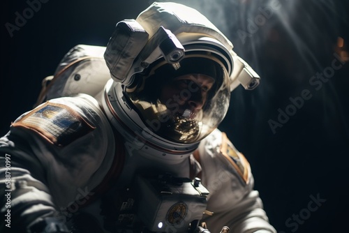 An astronaut repairing a satellite in orbit, bokeh, Non-existent person in generative AI digital illustration, Generative AI