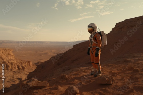 An astronaut standing on a cliff on a red planet Generative AI