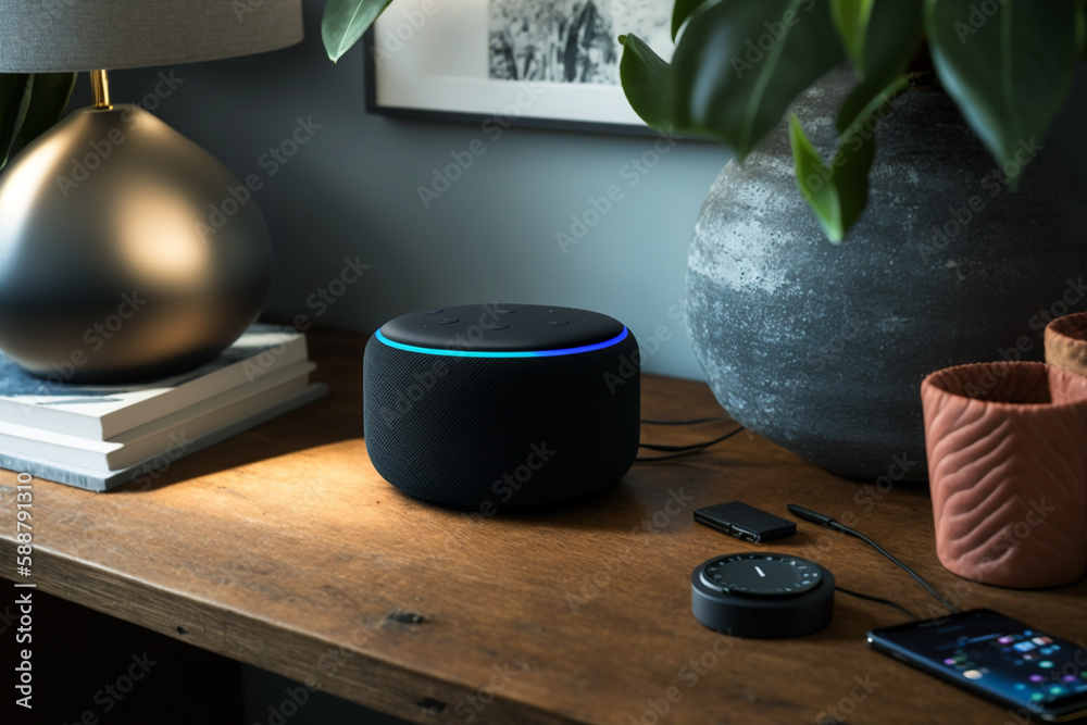 Echo from Amazon Alexa on the table. Alexa is a virtual personal assistant developed by Amazon with the aim of assisting in the execution of some everyday tasks. The user interacts through speech. - obrazy, fototapety, plakaty 