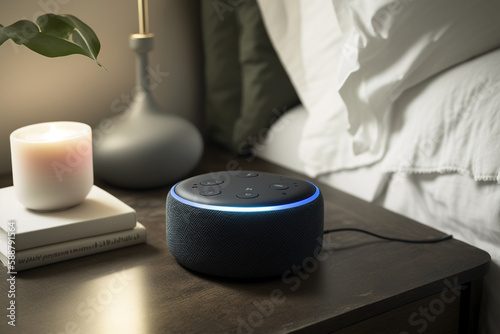 Echo from Amazon Alexa on the table. Alexa is a virtual personal assistant developed by Amazon with the aim of assisting in the execution of some everyday tasks. The user interacts through speech.