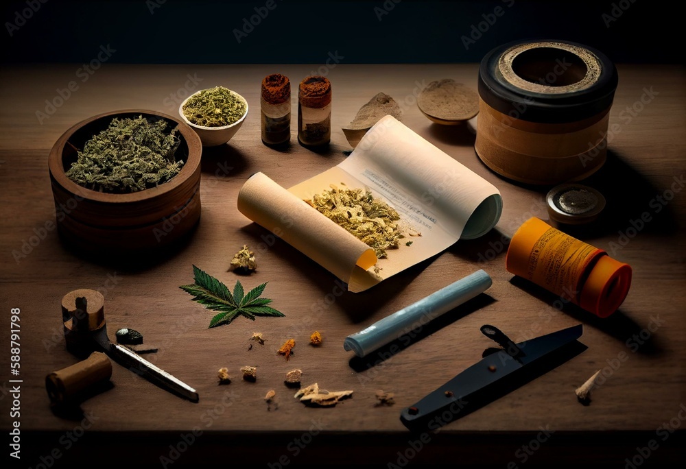 Preparing a joint and drug paraphernalia concept theme with herb girder