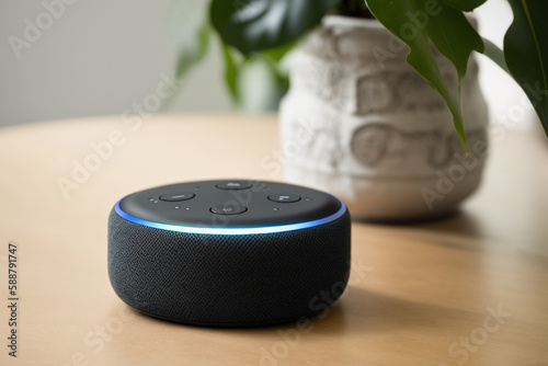 Echo from Amazon Alexa on the table. Alexa is a virtual personal assistant developed by Amazon with the aim of assisting in the execution of some everyday tasks. The user interacts through speech.
